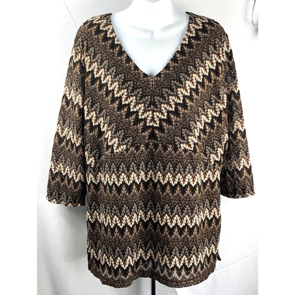 JM Collection Knit Top 2X Brown Aztec Sparkle 3/4 Sleeve Boho Hippie Tribal